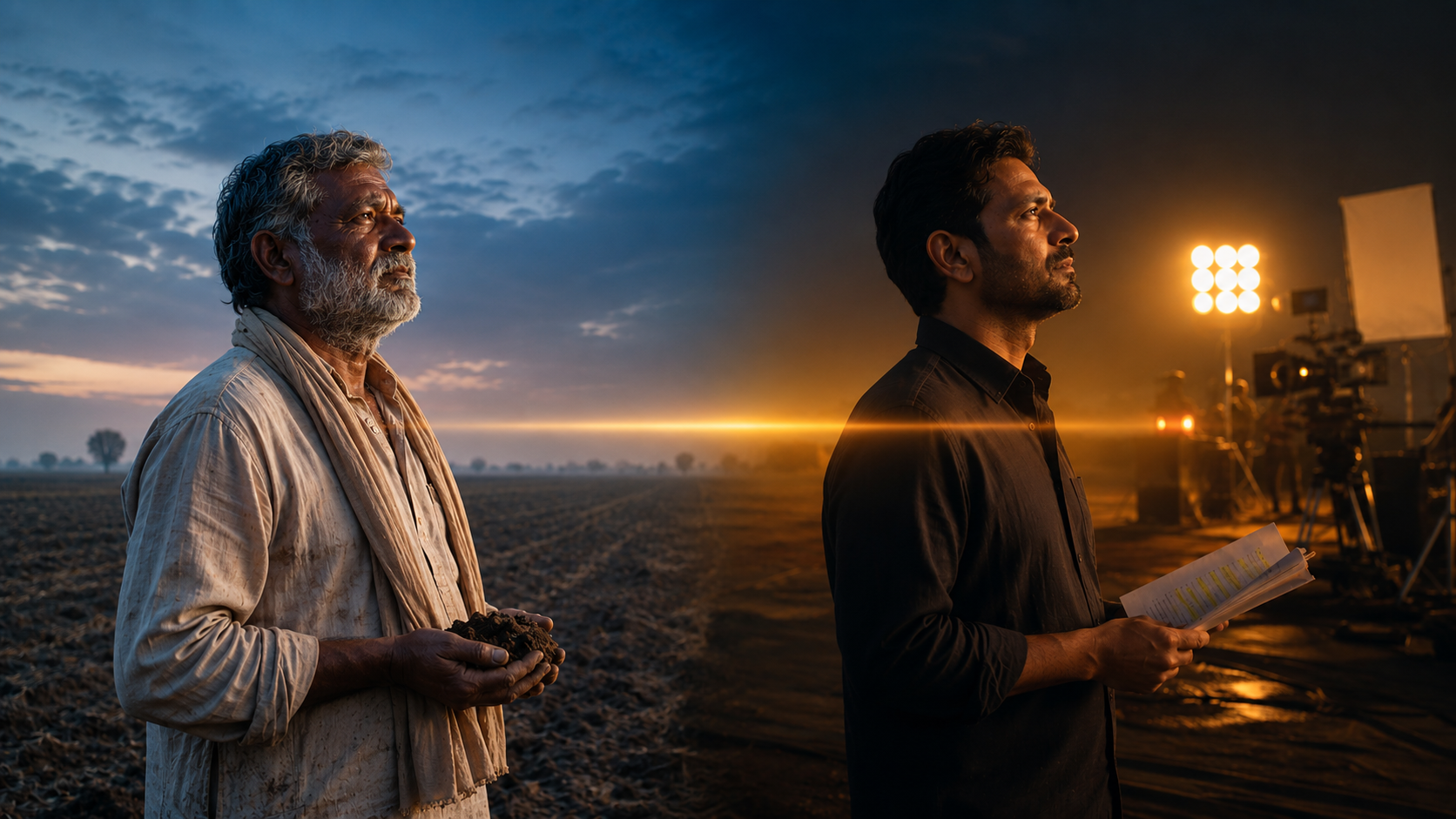 A split image showing an Indian farmer holding soil in a field on the left, and a film producer holding a script on a movie set on the right.
