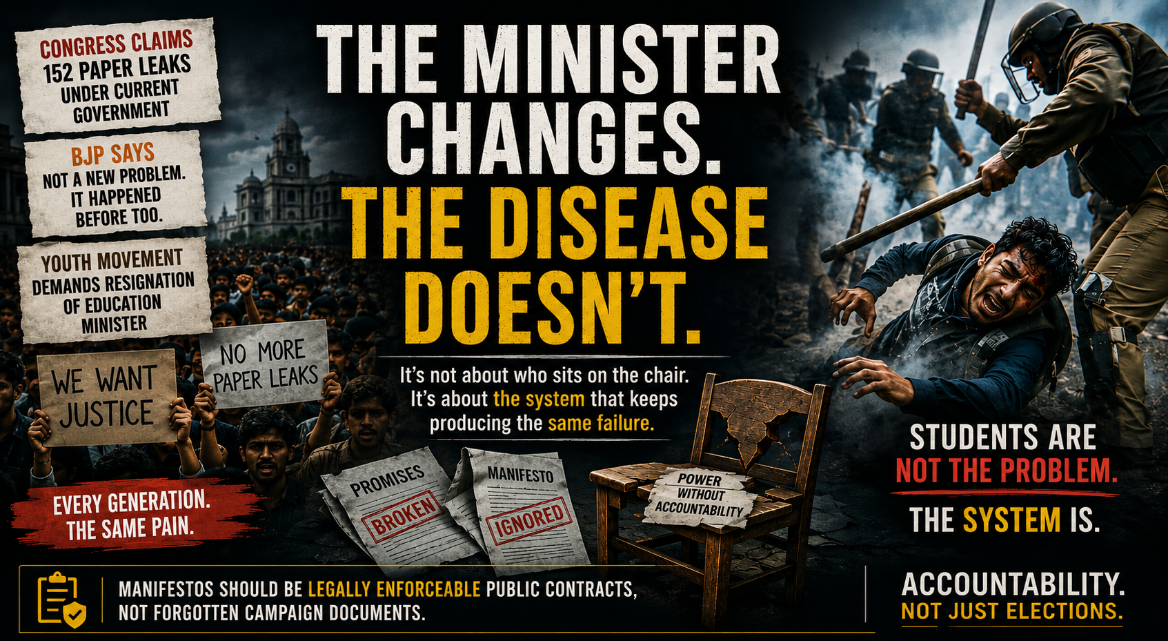 Protest poster reading "The Minister Changes. The Disease Doesn't" showing Delhi students clashing with police alongside claim cards from Congress, BJP, and a youth movement over education paper leaks.