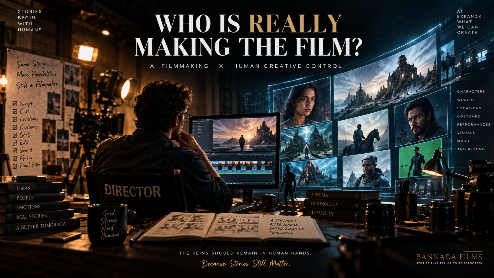 Mahinder Singh Saniwal sitting at a studio desk in front of multiple screens, balancing AI tools and human creative direction for filmmaking.