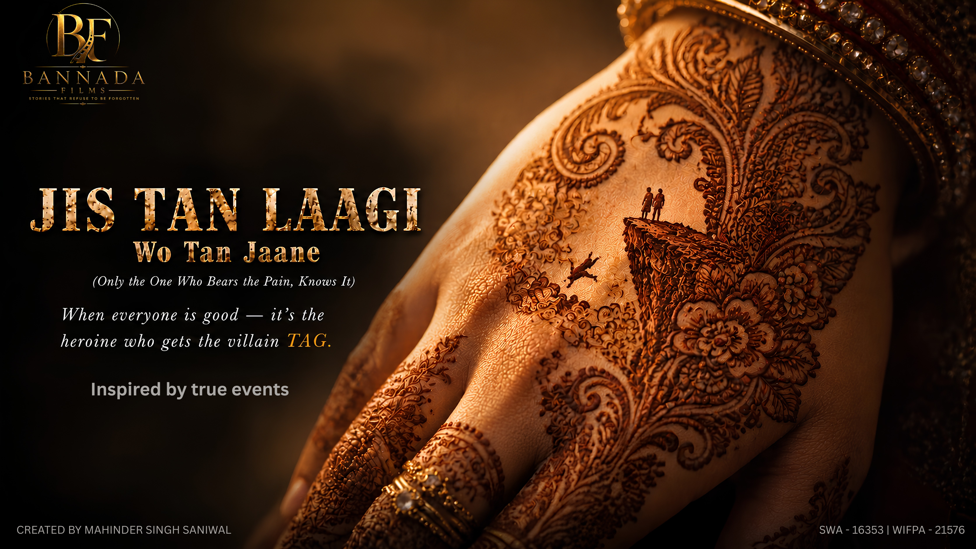 Bridal mehndi-decorated hand with a hidden cliff scene woven into the henna pattern, two figures standing at the edge and one falling, golden warm lighting.
